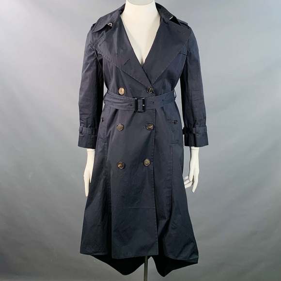 BALENCIAGA Navy Cotton Belted A-Line Double Breasted Trench Coat - Picture 1 of 12
